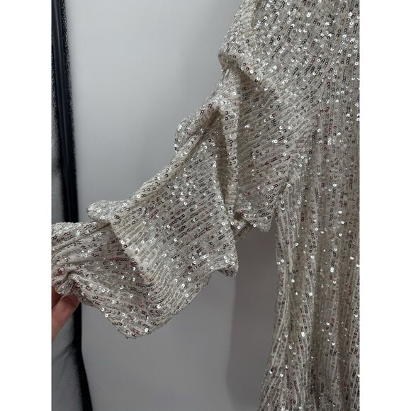 Cece Women XLarge Sequin Silver Blouse 3/4 Sleeve Lantern Elastic Waist Glam - Picture 3 of 11